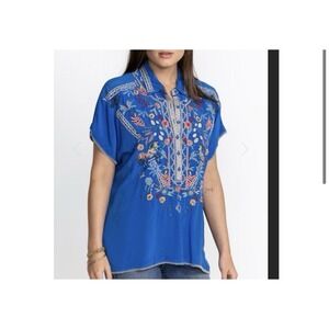Johnny Was Boys Blue Masquerade Embroidered Silk Top Blouse L Floral Hippie Art